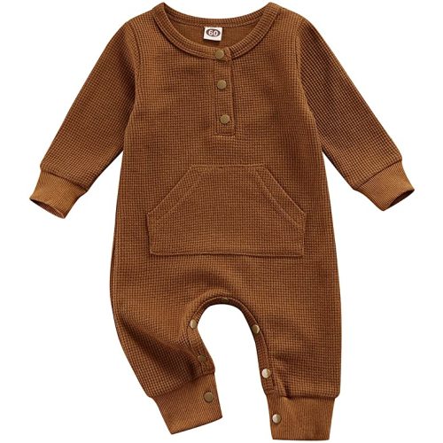 0-18 Months Newborn Baby Boy Girl Fall Romper Clothes Unisex Infant Waffle Solid Long Sleeve Jumpsuit - Brown - 6-12 Months