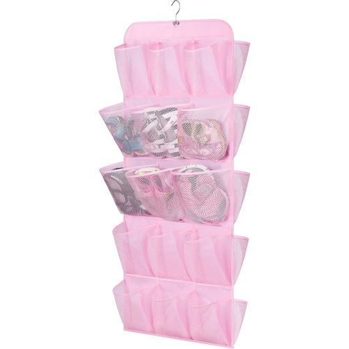 MISSLO 30 Large Pockets Dual Sided Hanging Shoe Organizer for Closet with Rotating Hanger Hanging Shoe Shelves, Pink