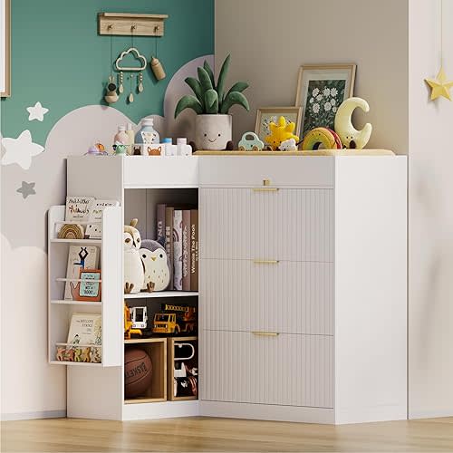 Nursery Changing Table Dresser,Diaper Changing Table with Storage,Corner Baby Dressing Table with 3 Drawers and 2 Shelves, Modern Storage Crib with Changing Station for Nurseries and Baby Rooms