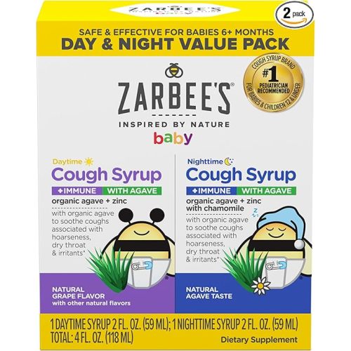 Zarbee’s Baby Day & Night Cough Medicine & Syrup Value Pack with Organic Agave + Zinc for Immune Support, Natural Grape Daytime & Chamomile Nighttime, Baby Cough Medicine, 2 x 2 fl oz