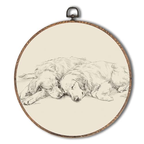 Yorhifa Neutral Golden Retriever Dog Framed Wall Art, Golden Retriever Gifts Round Wall Art, Dog Mom Lovers Gifts Round Walls Decor, Vintage Sketch Puppy Circle Canvas Artwork Hanging Decor, 10x10in