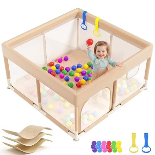 Dripex Baby Playpen with Mat, 47x47 Inches, Beige | Portable Playard, For Crawling & Walking Babies 6-12 Months, Includes Pull Up Rings, Includes Colorful Balls