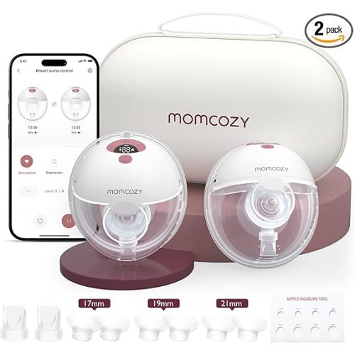 Momcozy M5 Smart APP Controlled Wearable Breast Pump, Hands-Free Wireless Electric Pump, 3 Modes 9 Suction Levels, BPA-Free, Portable Lightweight, 24mm Flange, 2-Pack Cozy Red