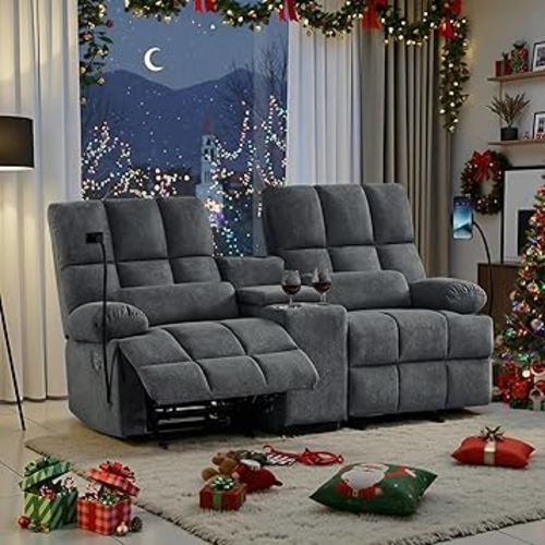Loveseat Recliner Sofa with Rocker Function,Cat-Proof Rocking Reclining Loveseat with Phone Holder/USB/Type C, RV Double Rocker Reclining Couch for Home Theater,Living Room (Gray)