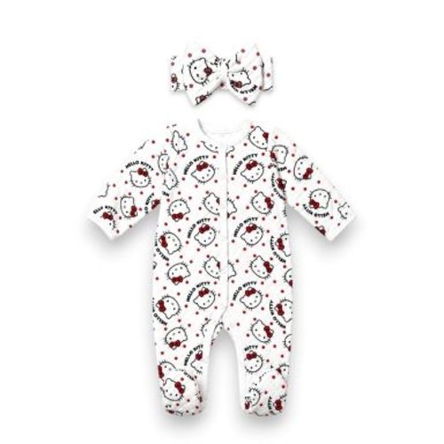 Hello Kitty Baby Girls' 2-Piece Footed Coverall With Bow Headband, White, 9 Months