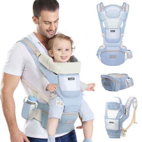 Baby Carrier with Hip Seat, 6 in 1 Adjustable Baby Holder Carrier Lumbar Support Ergonomic Toddler Carrier for Travel Hiking, Blue