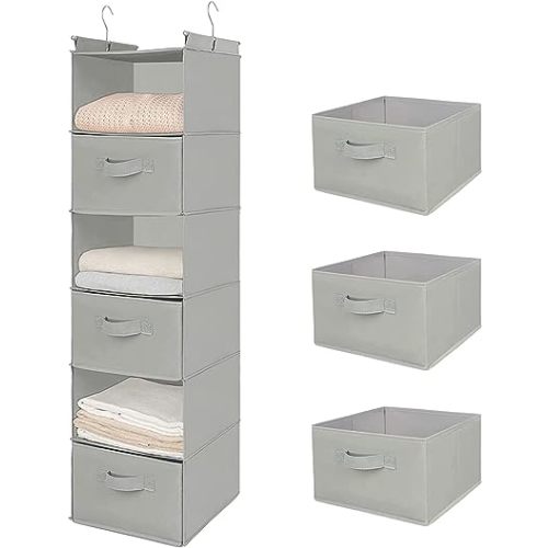 MAX Houser 6 Tier Shelf Hanging Closet Organizer, Closet Hanging Shelf with 2 Sturdy Hooks for Storage, Foldable (Light Grey-D3)