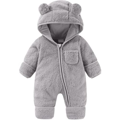 Baby Boys' Fleece Hooded Jumpsuit One-Piece Cute Bear Ears Hoodie Romper Zip Up Footed Jumpsuit Winter Coat Outfit