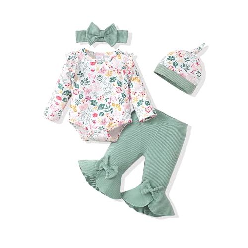 SODLON Newborn Baby Girl Clothes Infant Winter Fall Outfits Clothing Romper Ribbed Bell Bottoms Flared Pants Outfit Sets