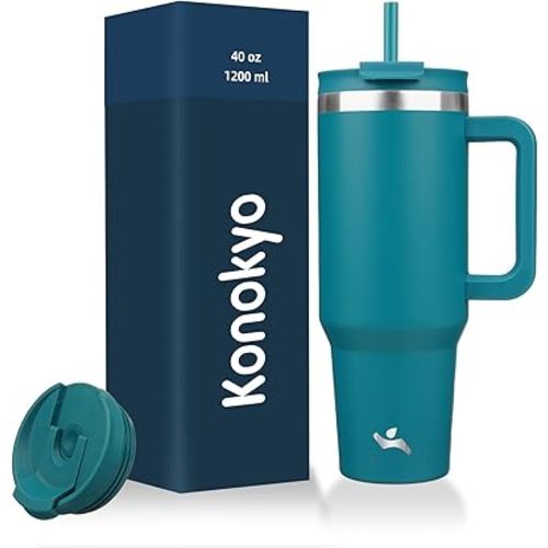 40 oz Tumbler with Handle and 2 Straws,2 in 1 Lid Insulated Water Bottle Stainless Steel Travel Coffee Mug,Blue