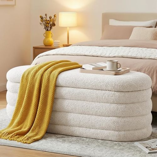 Storage Ottoman Bench, 45'' Upholstered Boucle Ottoman with Storage, Aesthetic Bedroom Bench for Living Room Entryway, Beige