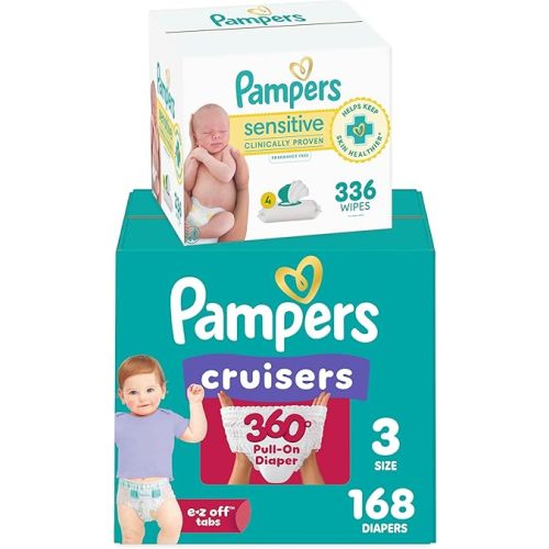 Diapers Size 3, 168 Count and Baby Wipes - Pampers Pull On Cruisers 360° Fit Baby Diapers with Stretchy Waistband, ONE MONTH SUPPLY with Sensitive Wipes, 6X Pop-Tops, 336 Count (Packaging May Vary)