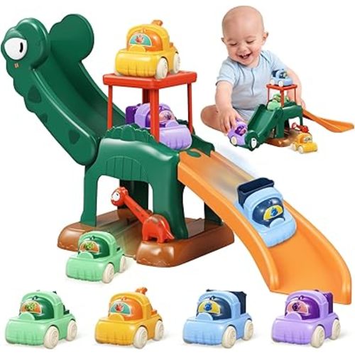 Dinosaur Car Ramp Slide Toy for Toddlers — 4 Push Cars with Race Track, Baby Slide Indoor Toy, Montessori Learning Birthday Gift for Boys Girls 1 2 3 Year Old (Green)