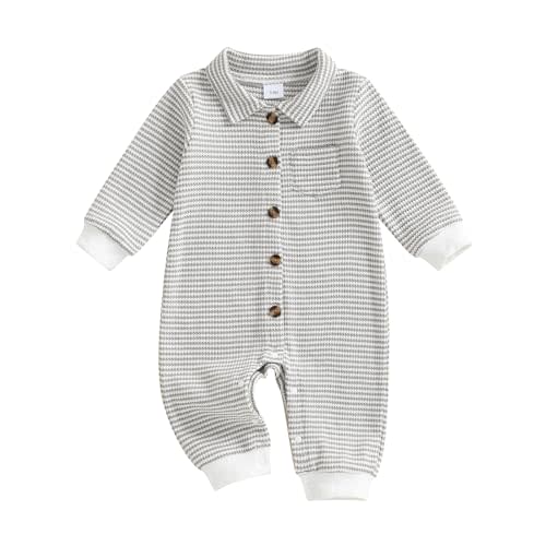 Baby Boy Stripe Romper Waffle Knit Long Sleeve Lapel Button Down Jumpsuit Bodysuit Newborn Fall Winter Outfits