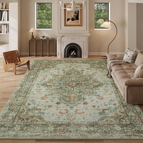 8x10 Vintage Green Washable Area Rug, Floral Print Low Pile