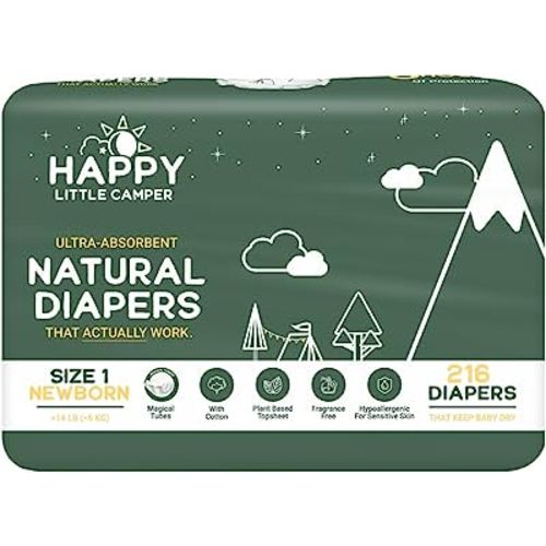 Happy Little Camper Ultra-Absorbent Hypoallergenic Natural Disposable Baby Diapers, Chlorine-Free Protection for Sensitive Skin, Newborn, Size 1, 216Count