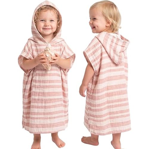 Konssy Muslin Hooded Bath Towels for Kids, 100% Cotton, Soft Quick-Dry Bath/Beach/Pool Towel Poncho with Front Pocket for Toddlers, Lightweight & Absorbent (1-3 Years)