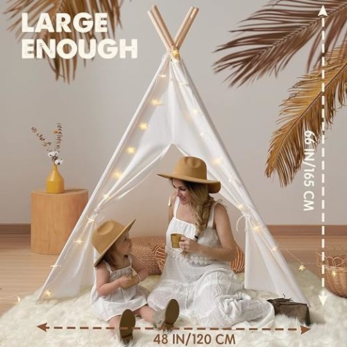 Tiny Land Teepee Tent for Kids, 100% Cotton Play Tent with Padded Mat and Star Lights, Kids Teepee Tent with Carry Bag, Foldable Kids Tent for Toddlers 1-3, Quality Teepee Tent for Girls and Boys