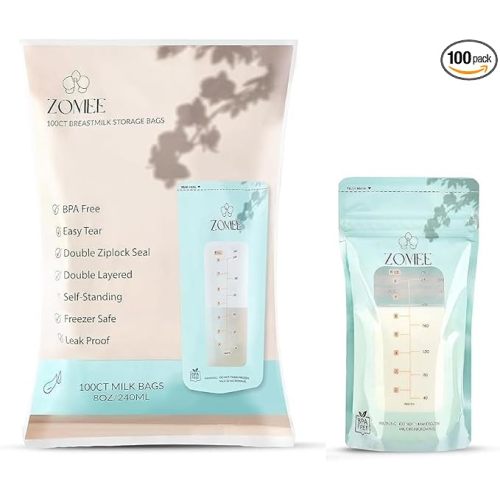 Zomee Breast Milk Storage Bags 8oz – Leakproof Double-Zip Seal, Self-Standing, Easy-Pour Design, Freezer Safe, Pre-Sterilized, BPA & Phthalate Free – Bulk Pack of 100