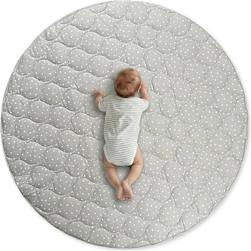 Byrd & Blume Round Baby Play Mat, Reversible Quilted Organic Cotton, Soft Circle Nursery Rug, Non Toxic, Foldable Portable, 40 Inch, Gray Stars/Solid Gray