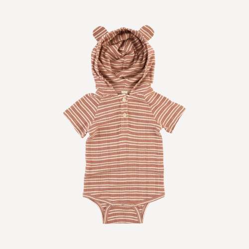 short sleeve henley bear bodysuit | rust stripe | organic cotton multi rib