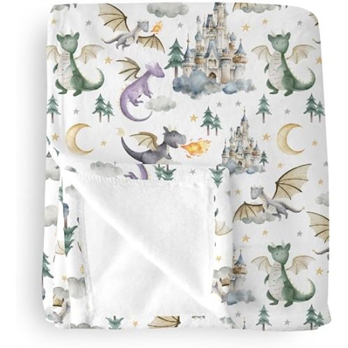 Baby Boy Girl Blankets Dragon Tale Castle, Watercolor Green Moon Clouds Stars Tree Soft Lightweight Nursery Receiving Swaddle, Flannel Newborn Infant Toddler Crib Bedding Kids Gift 30 x 40