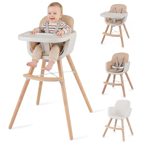 HONEY JOY Baby High Chair, 6-in-1 Eat & Grow Wooden Highchair/Toddler Chair with Removable Tray, 5-Point Harness, PU Cushion and Footrest, Convertible High Chair for Babies and Toddlers(Dark Beige)
