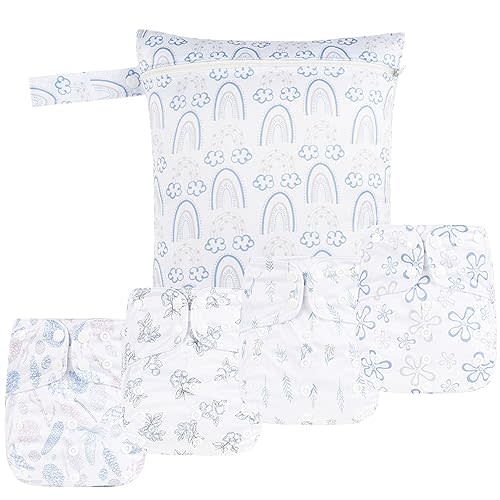HappyFlute 9 Sets Newborn Baby Cloth Pocket Diapers Adjustable Reusable for Baby Boys and Girls(6-33 pounds,0-3 Years),One Wet Bag+4Diapers and 4Inserts (AD07)