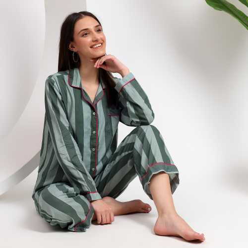 Cotton Pajama Set: Striped Lounge Sleepwear, Plus Size PJs