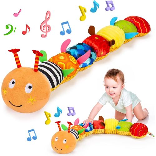Baby Sensory Caterpillar Toys 0-3 Month Music Animal Stuffed Plush Toy for Infant 0-3-6-12 Month Tummy Time with Crinkle Rattle for Newborn 9-12 Month Toy for Boy Girl Birthday Shower Gifts Orange