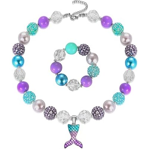 Vinjewelry Pendant Necklace Bubblegum Toddler Sparkly Bead Necklace & Bracelet Jewelry Set for Kids First Birthday Gifts