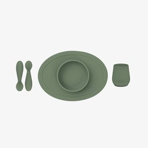 ezpz First Foods Set for Babies – Suctioning Bowl, Cup, & Spoons for Self-Feeding & Fine Motor Skills Development – 100% Food Grade Silicone, Dishwasher Safe – Perfect for 4 Months Plus (Olive)