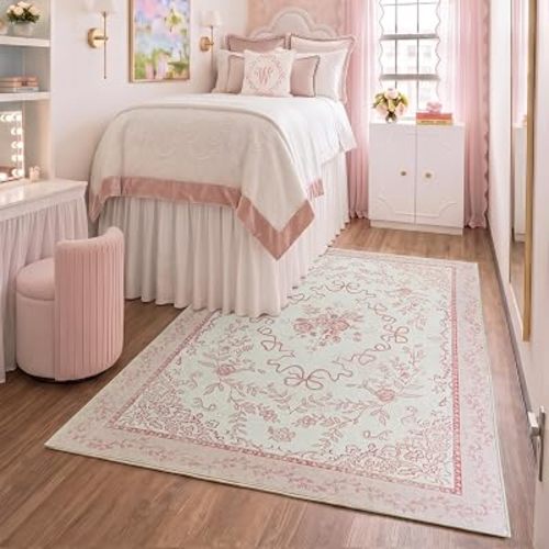 Blush Pink Dorm Rug for Girl 5x7, Coquette Bow Aesthetic Teen Girls Room Decor Vintage Floral Area Rug, Washable Cute Cottage Core Carpet for Bedroom and Nursery