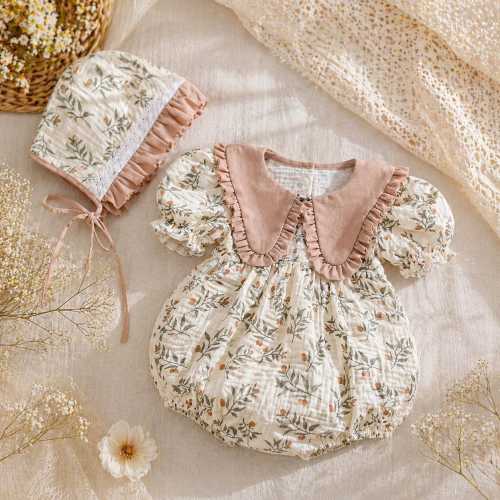 Muslin Baby Romper for Girl, Organic Cotton Baby, Vintage Floral Romper with Bonnet, Newborn Coming Home Outfit, Summer Baby Gift (NB-18M)