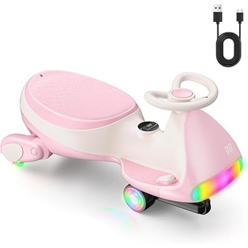 FanttikRide 12V N7 Ultra Electric Wiggle Car with Pedal, Kids Car, MagicMute Motor Swing Car, 2 Speeds, 9 Color Modes, Digital Display, Bluetooth, for Ages 3 and Up, 150 Lbs, Pinkish White