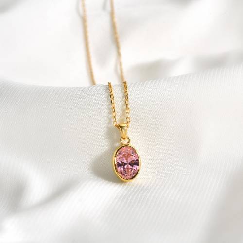 14K 10K 8K Solid Gold Pink Tourmaline Necklace, Bezel Oval October Birthstone