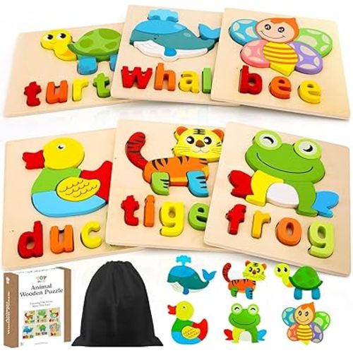 TOY Life Toddler Puzzles Ages 2-4, 6 Animals with Spelling Wooden Puzzles for Toddlers 3-5, Montessori Toys Gifts for 1 2 3 Years Old Boys Girls, Christmas Birthday Gifts Learning Toys for Kids