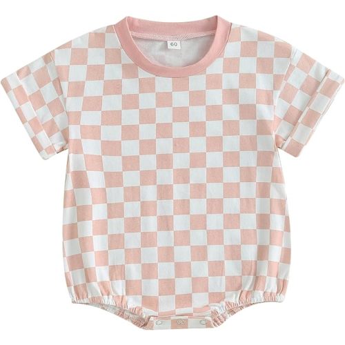 Karuedoo Newborn Baby Boy Girl Clothes Checkered T-Shirt Bubble Romper Oversized Short Sleeve Onesie One-Piece Summer Outfit