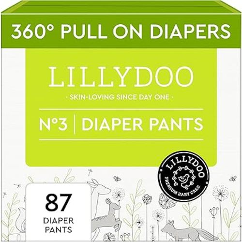 LILLYDOO Diaper Pants Toddlers - Size 3 (13+ lbs), Half-Monthly Supply (87 Count), Skin-Friendly, Ultrasoft, Chlorine-Free, Snug Fit & Absorbent Pull On Diapers