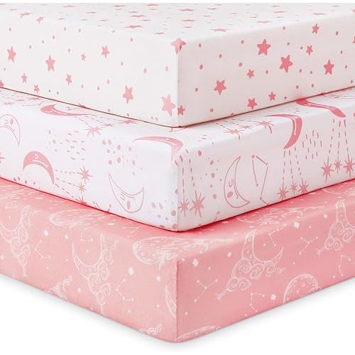 Baby Crib Sheets for Boys Girls, Fitted Crib Sheet Neutral 3 Pack for Standard Crib and Toddler Mattress, Breathable Soft Microfiber Baby Sheet 28x52x8in Pink White Moon