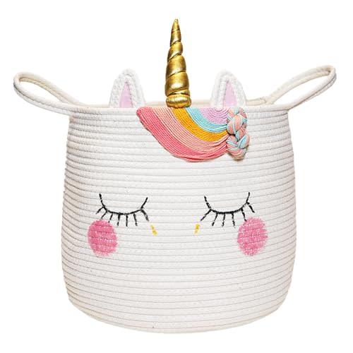 Large Unicorn Woven Basket with Handles - Toy Storage Bin, Baby Gift & Animal Nursery & Cute Laundry Basket, for Clothes, Towels, Toys (Unicorn)