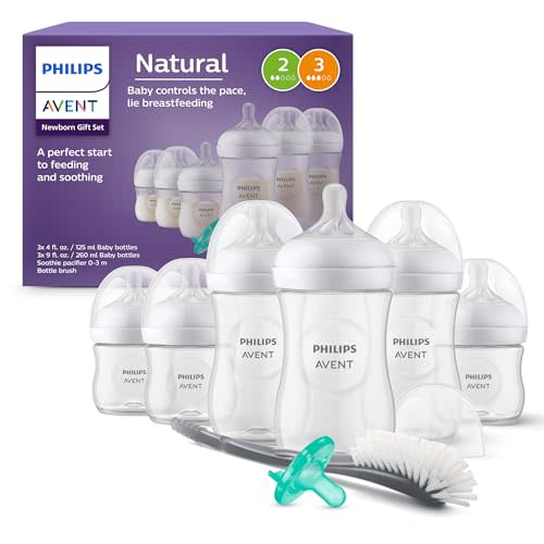 Philips Avent Newborn Gift Set - Bottles with Natural Response Nipples, 3 x 4oz/125ml (Slow Flow Nipples, Flow 2), 3 x 9oz/260ml (Medium Flow Nipples, Flow 3), Soothie 0-3m & Bottle Brush, SCD837/04