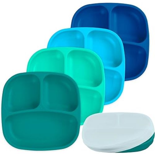 Re-Play Toddler Plates with Dividers & Silicone Lid - Deep-Walled 3 Compartments Divided Plates for Kids - Dishwasher/Microwave Safe - Made in USA - Set of 4-7.37" x 7.37" x 1.25" - A True Blue