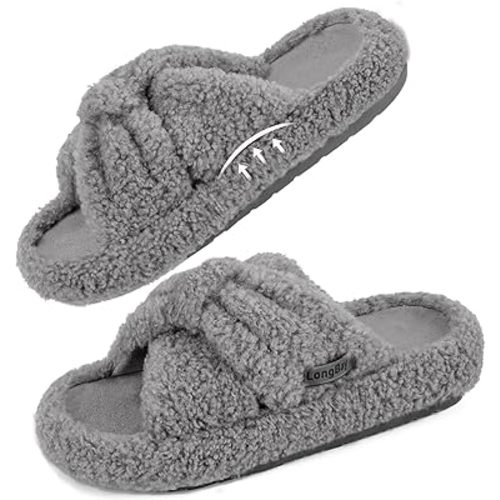 LongBay Womens Fuzzy Slippers Open Toe Memory Foam Supportive House Shoes Bow Crossbands Indoor Bedroom Slides Gift