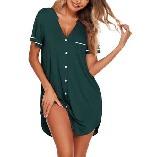 Ekouaer Nightgowns for Women Button Down Night Gowns Short Sleeve Sleep Shirt V Neck Nightshirt Soft Sleepwear Pajams Dress