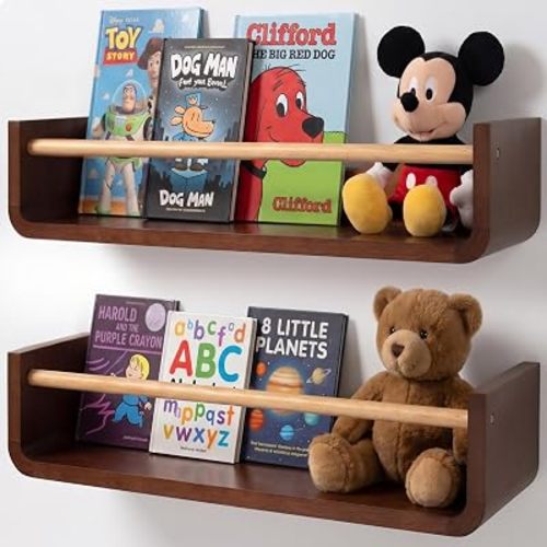 Ovalo Nursery Book Shelves Set of 2 - Solid Pine Wood Nursery Bookshelf, Floating Nursery Shelves for Wall, Wall Bookshelf for Kids Room, No-Assembly Wall Mounted Baby Book Shelf. (Walnut Brown)