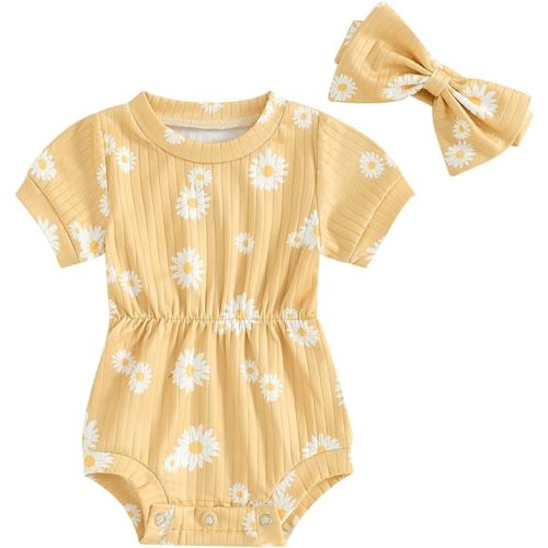 FOCUSNORM Baby Girl Summer Clothes Ribbed Short Sleeve Romper Solid Color Bodysuits Bow Headband Outfit Newborn Girl Jumpsuit