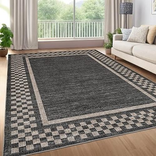GarveeHome Washable Area Rugs 8x10 Non Slip Soft Large Living Room Rug Modern Checkered Bedroom Rug Soft Geometric Bordered Throw Carpet for Dining Room Home Decor Office Nursery, Black