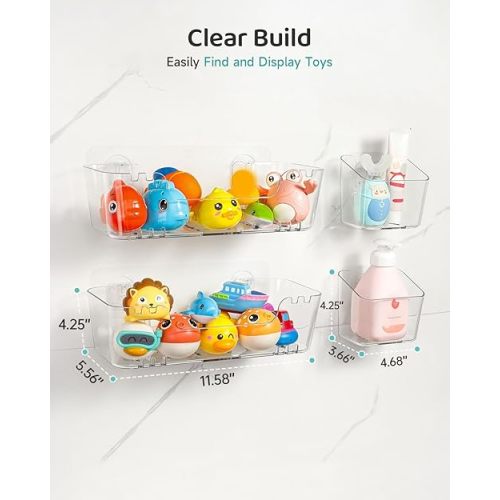 Bath Toy Storage Organizer 2+2 Pack, Transparent Bath Toy Holder with Drain Holes, Durable Plastic Bathtub Toy Storage for Bathroom, Quick-Dry Drainable Shower Caddy, Easy to Clean (Clear 2+2 Pack)