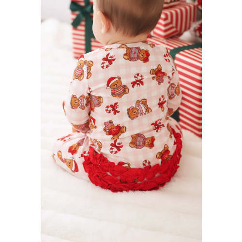 Christmas Ruffle Bamboo Zipper Footie | Beary Christmas Pink